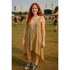 NY Collection Women's XL Crochet-Trim Maxi Dress Festival Beach Vacation NWOT